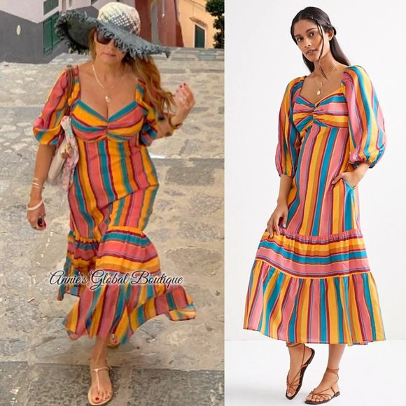 RARE NWT ANTHROPOLOGIE FARM RIO Rainbow Striped Flounced Midi Dress. Size L - Picture 7 of 16